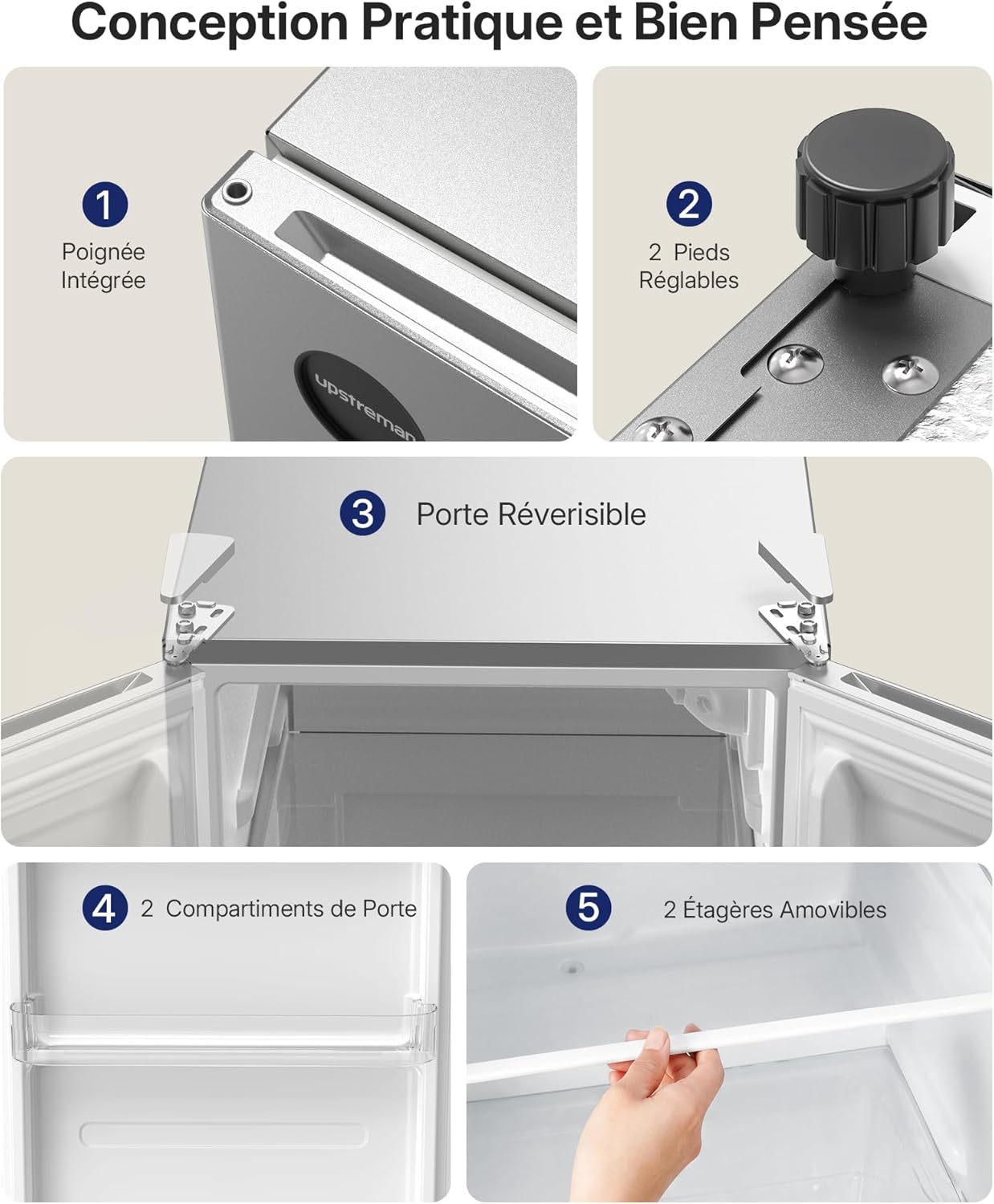 Upstreman - petit frigo 71L - 7 modes, LED, 40dB, économe - CR71-Argent