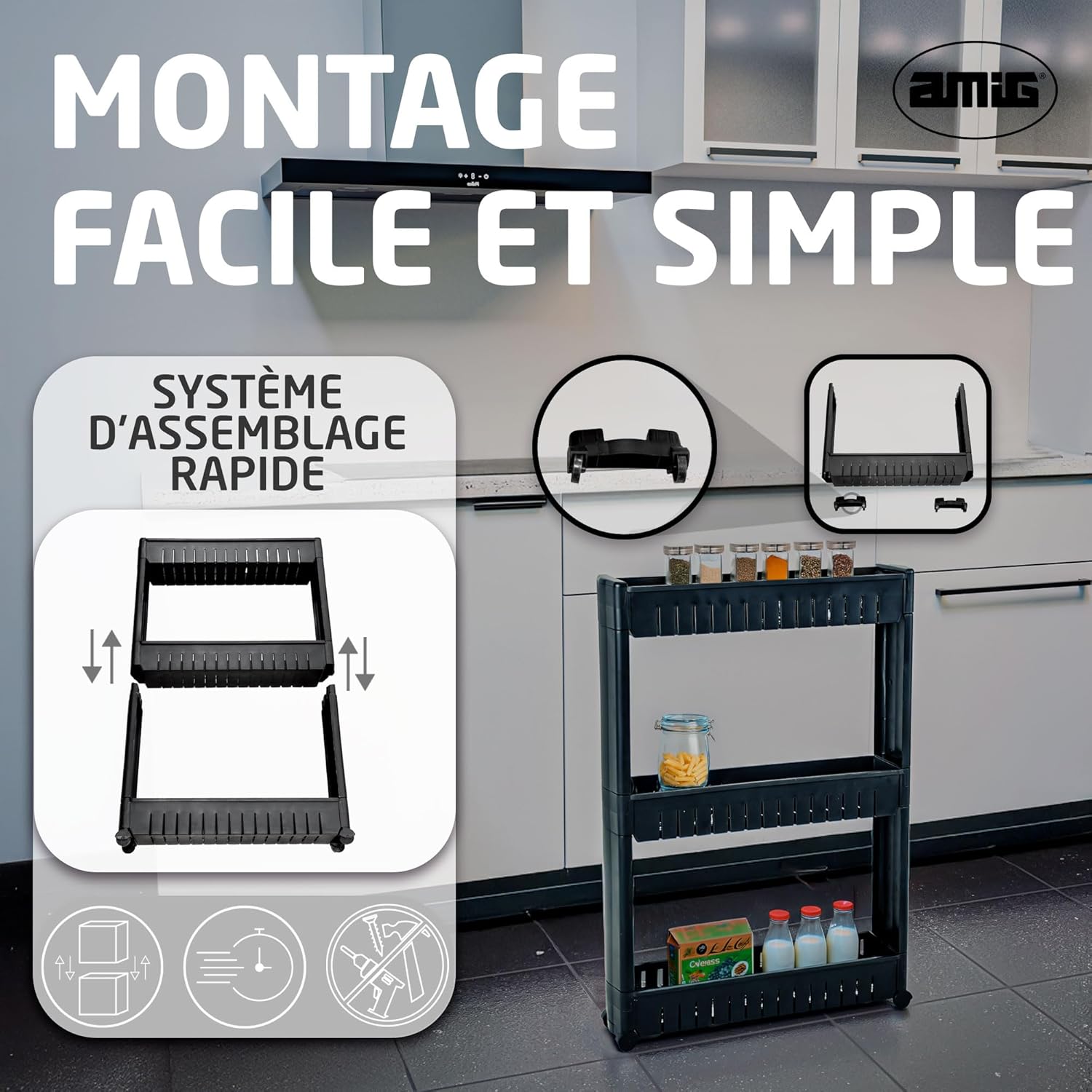 Amig - Böken - 54x12x78 cm - Chariot 3 niveaux, roulettes, noir