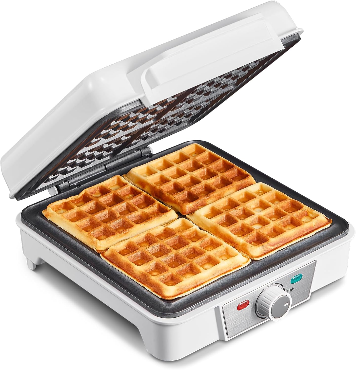 Gaufrier belge - 4 plaques, 1200W, 5 niveaux, antiadhésif, blanc