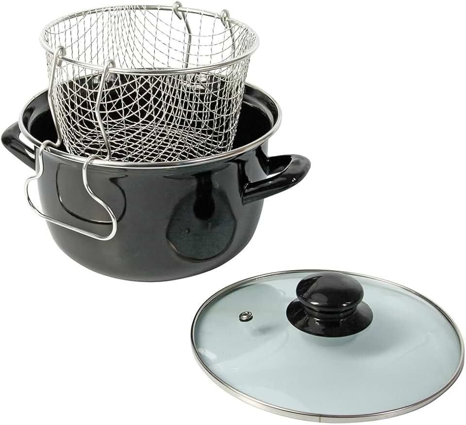 Crealys - Friteuse traditionnelle - Ø26 cm - Acier émaillé, panier, couvercle verre, tous feux induction - 545413