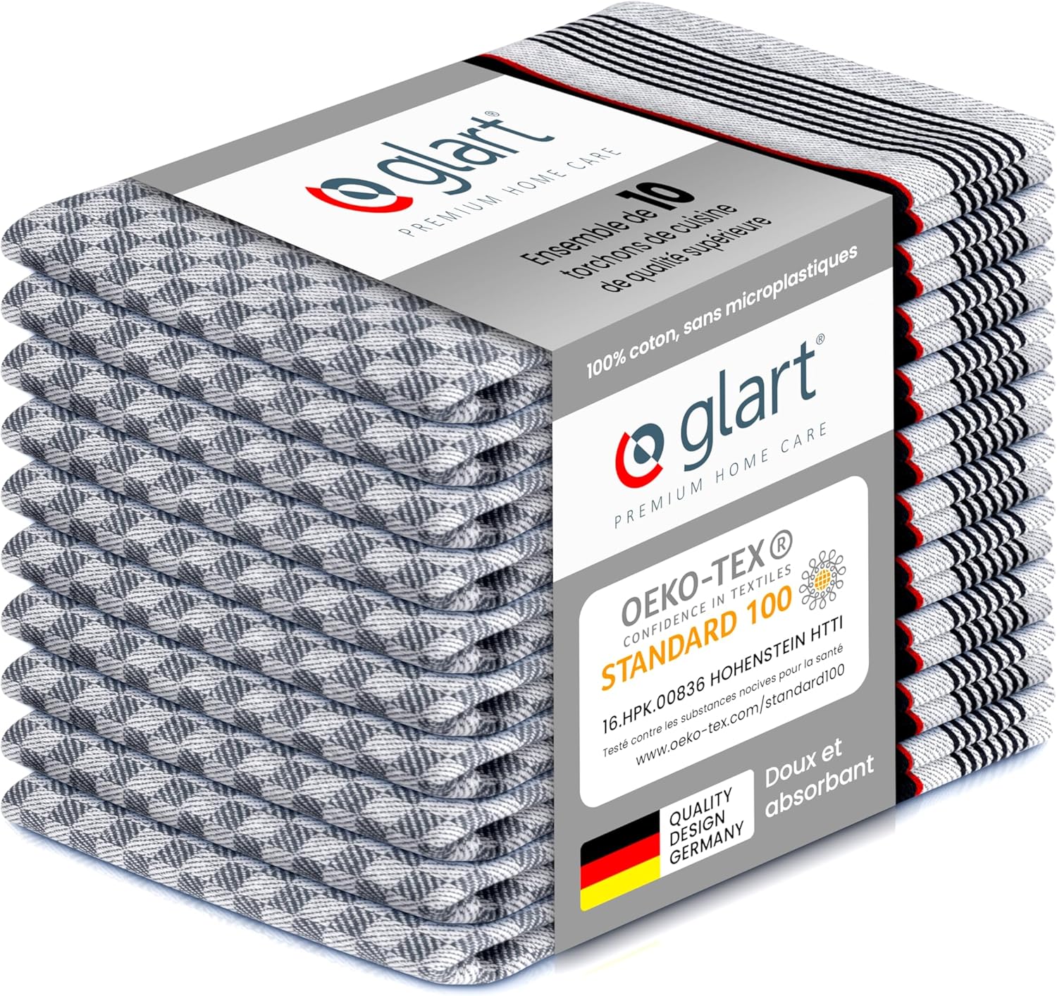Glart - Ensemble 10 torchons coton 90x45 cm, certifié Oeko-TEX, 48GS
