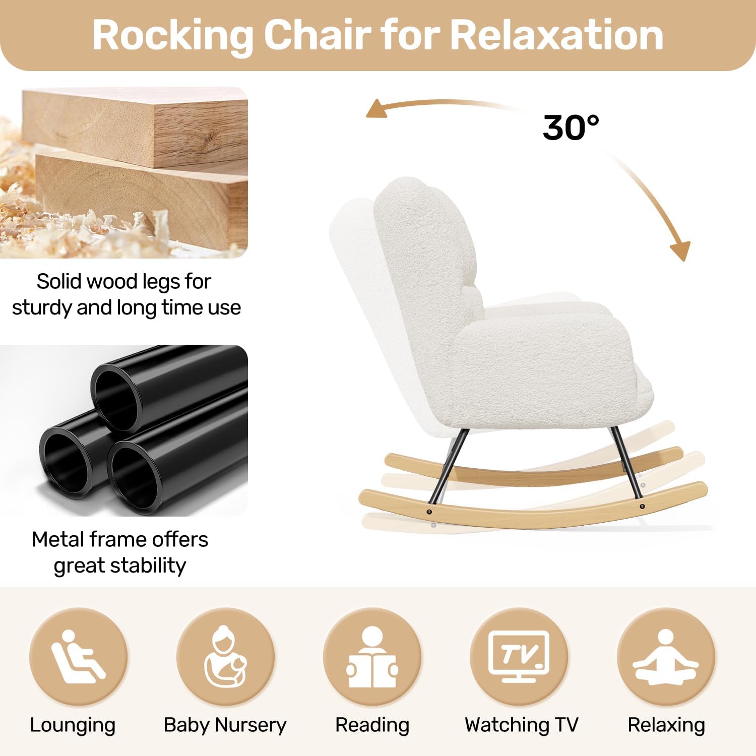 Fauteuil à bascule scandinave - velours, bois, 136kg, blanc, confort