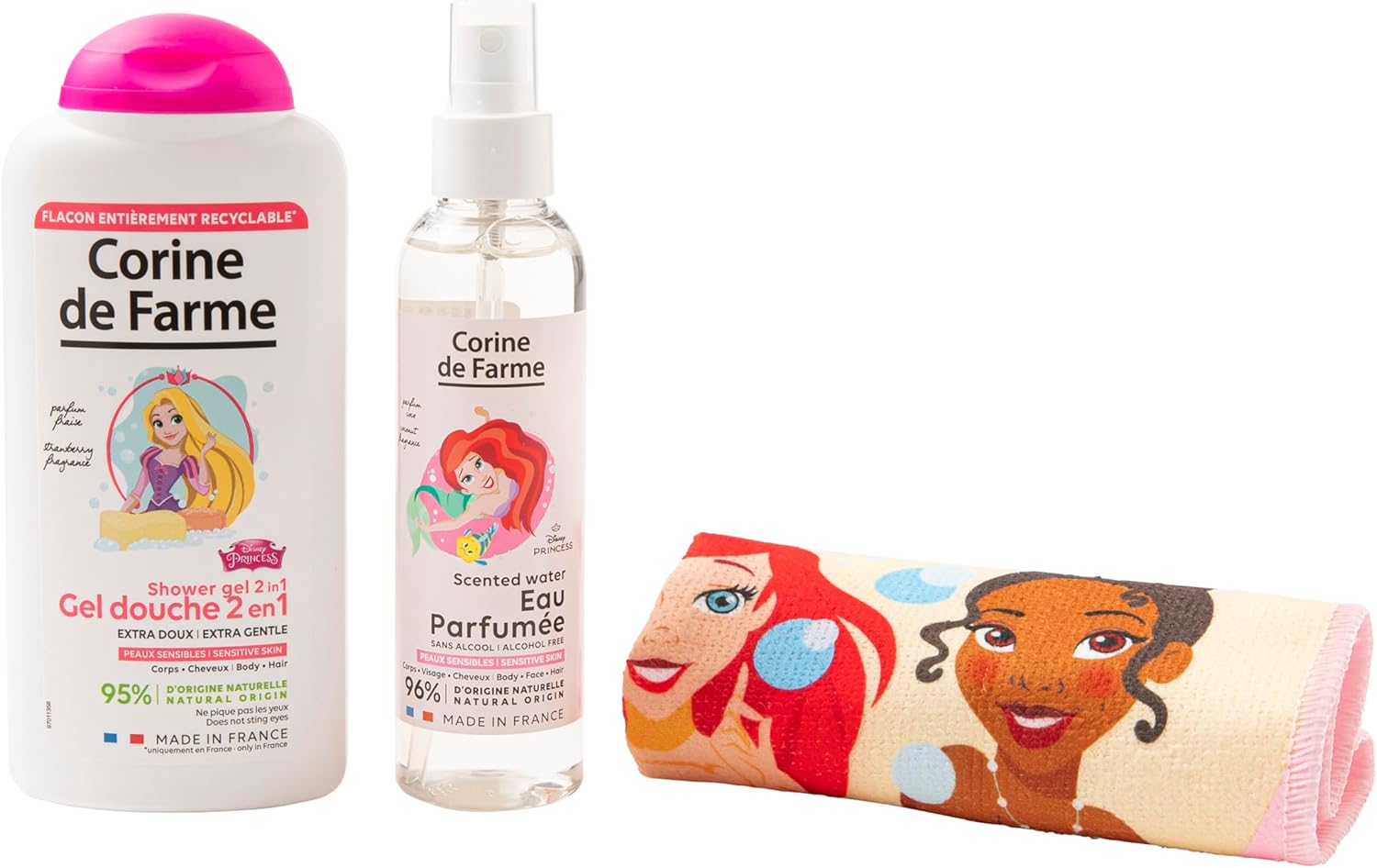 Corine de Farme - Coffret Princesses - 150ml/300ml - Eau parfumée et gel douche enfants, serviette microfibre, naturels