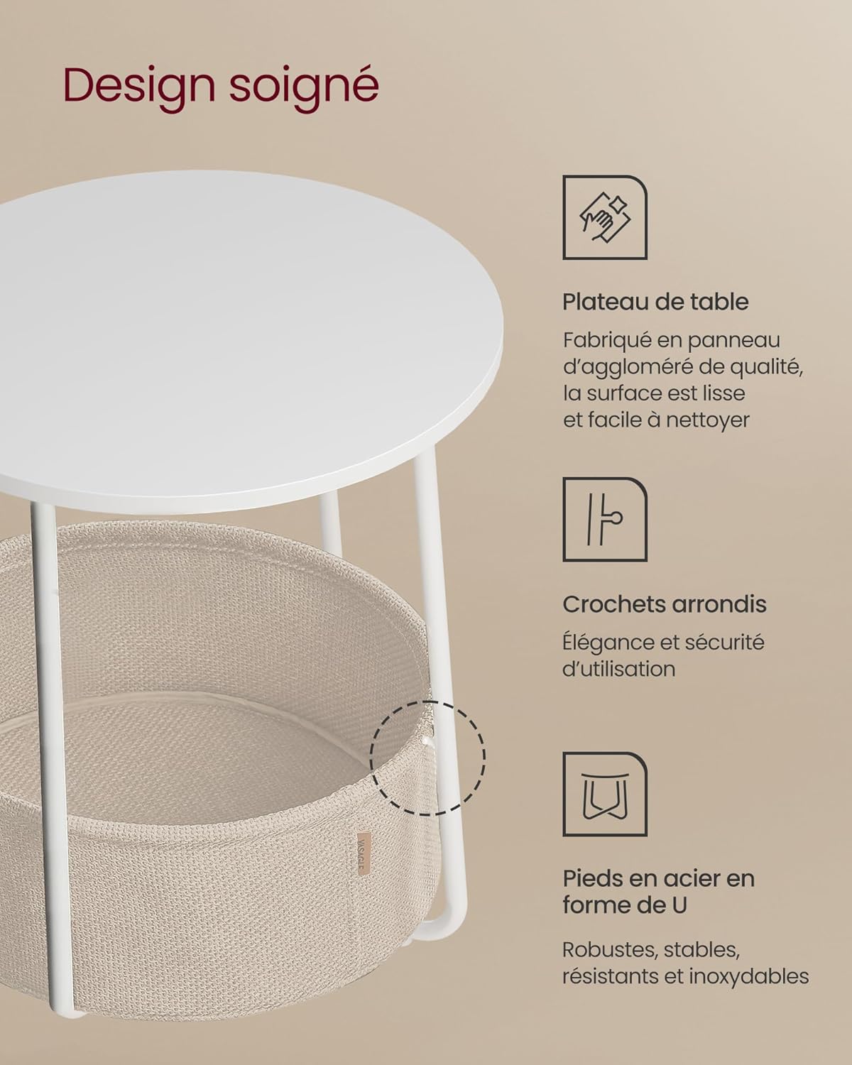 VASAGLE - Petite table basse ronde - compacte, panier tissu, blanc/marron LET223W10