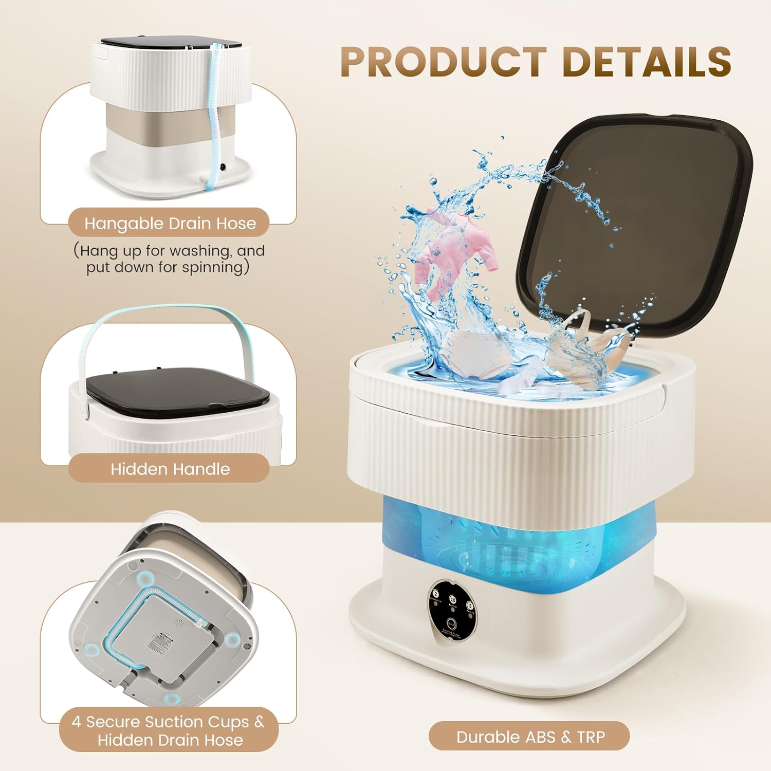 Mini machine à laver - 12L portable, panier séchage, compacte, kaki