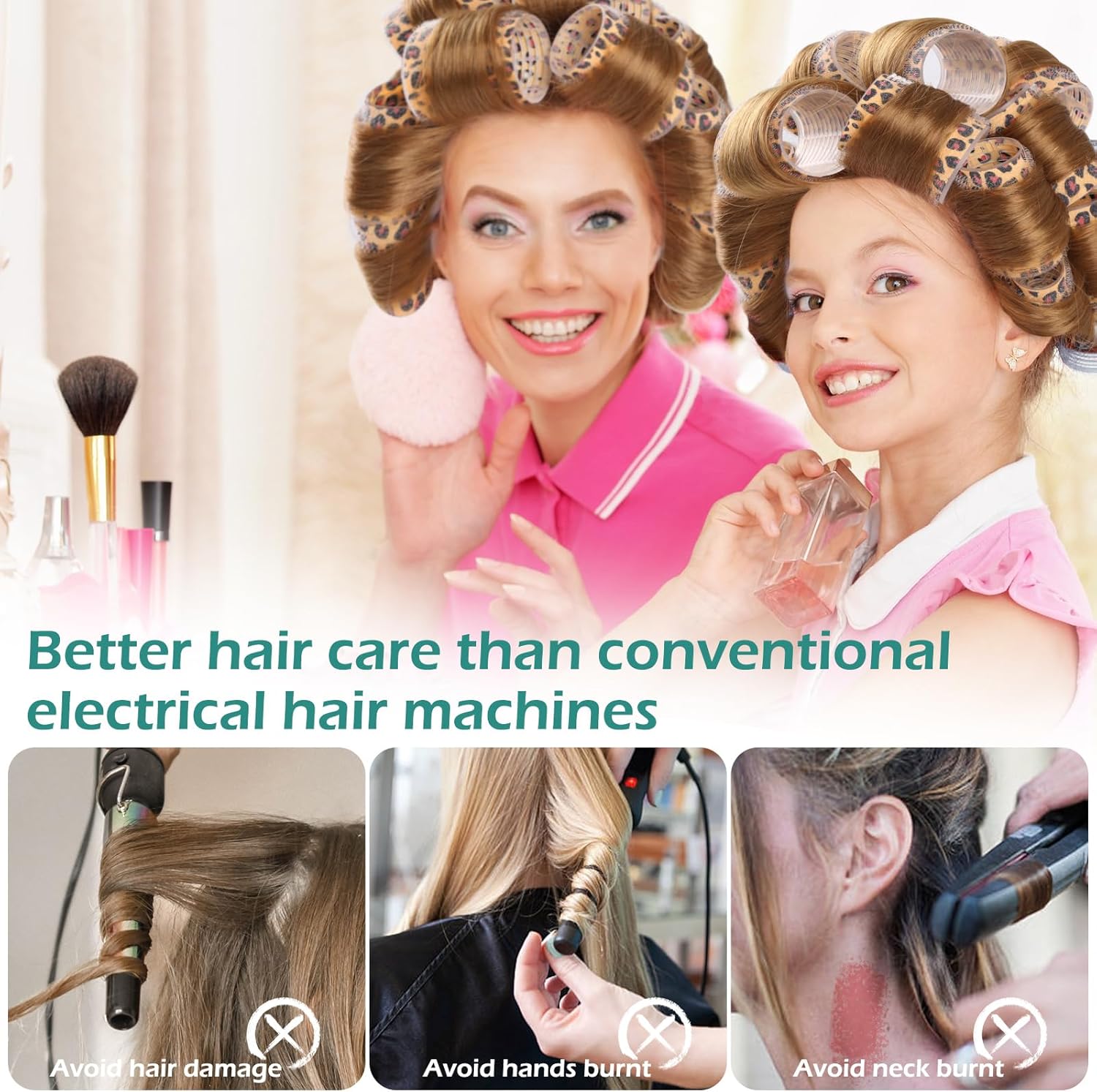 GeeRic - Bigoudis auto-agrippants, 33 pièces, sans chaleur, imprimé léopard, avec pinces et peigne, cheveux longs