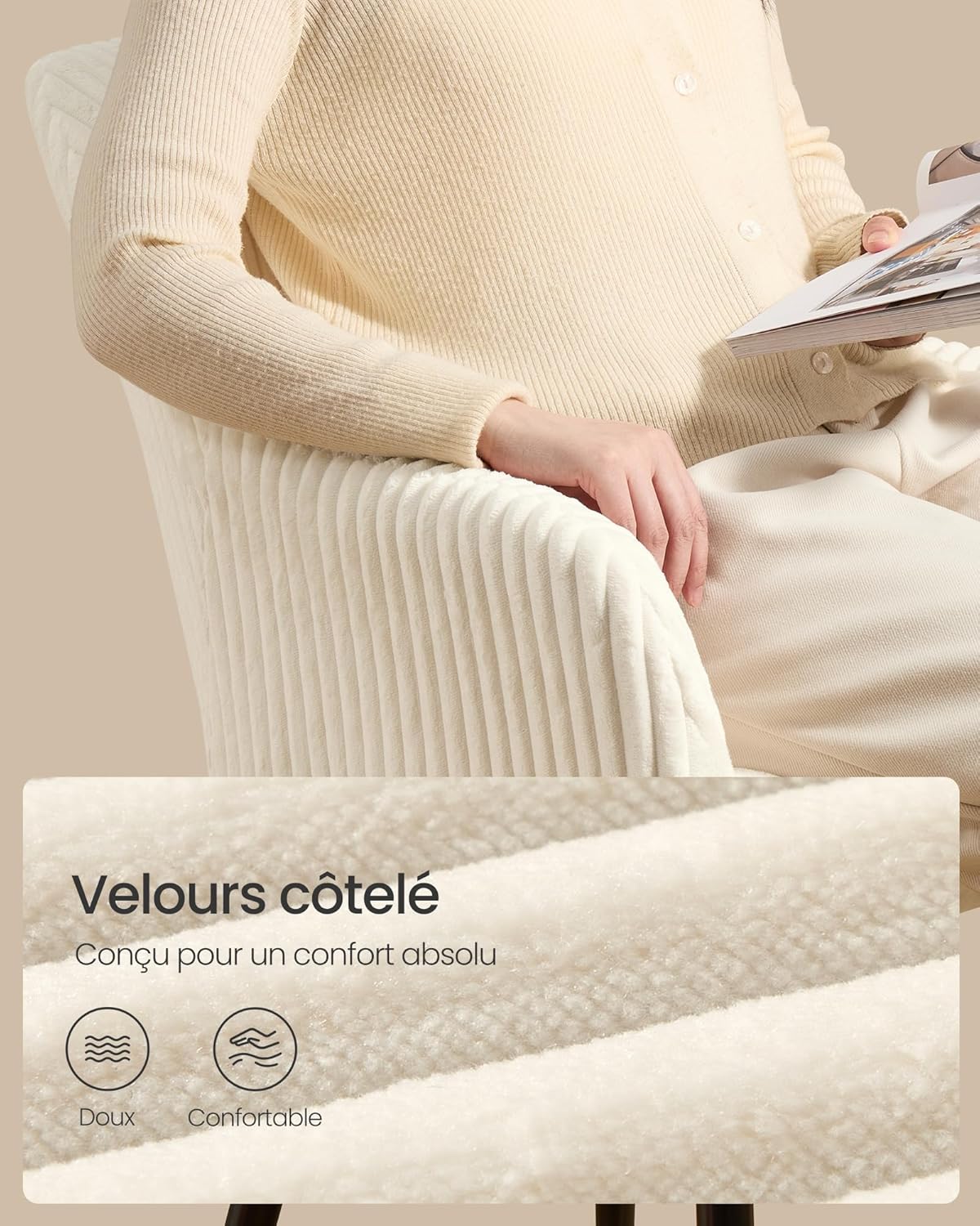 SONGMICS - Chaises salle à manger (lot de 6) - velours, accoudoirs, pieds métal, blanc crème, charge 120 kg - LDC087WD01