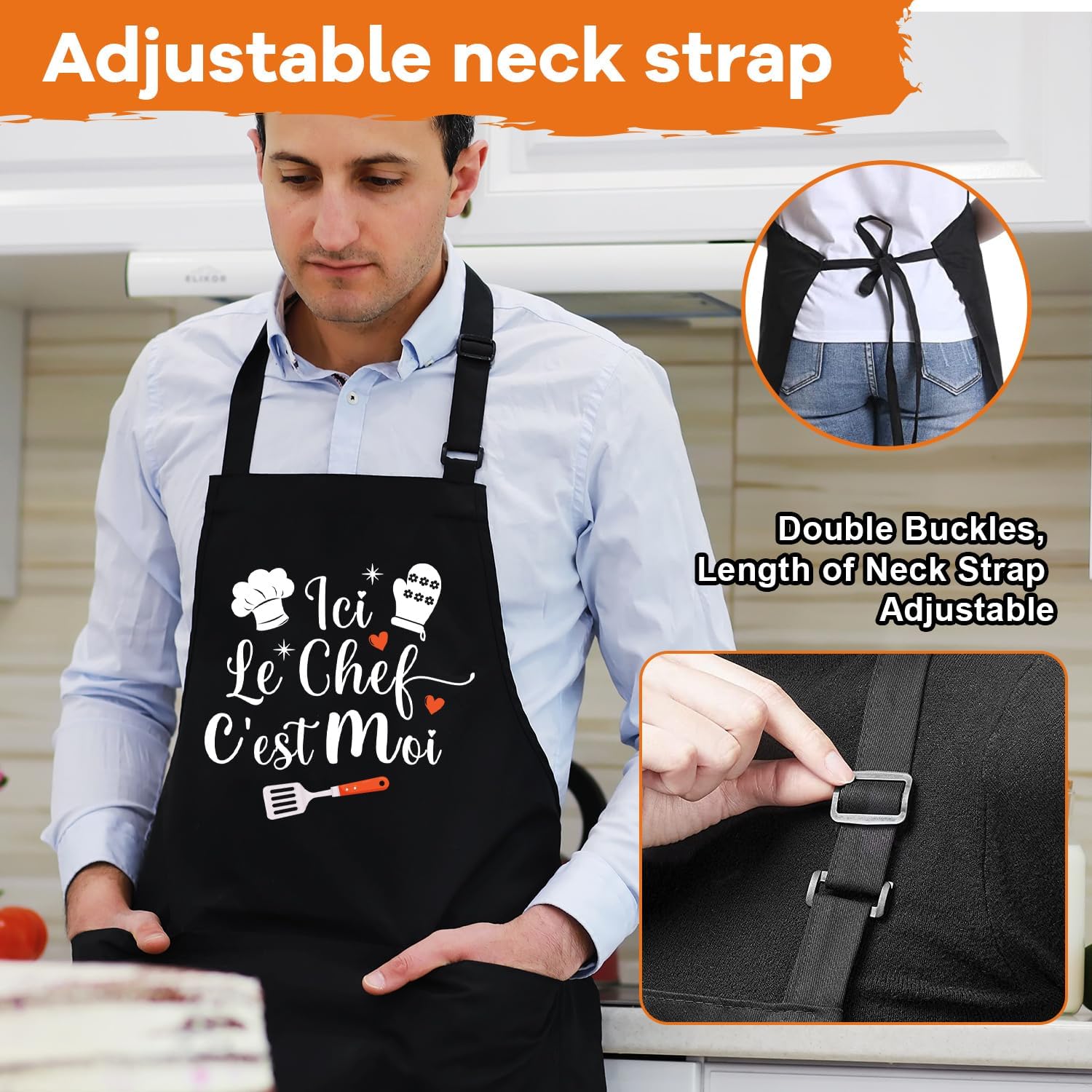 Tablier de cuisine homme personnalisé, coton noir, réglable, humour, cadeau fête