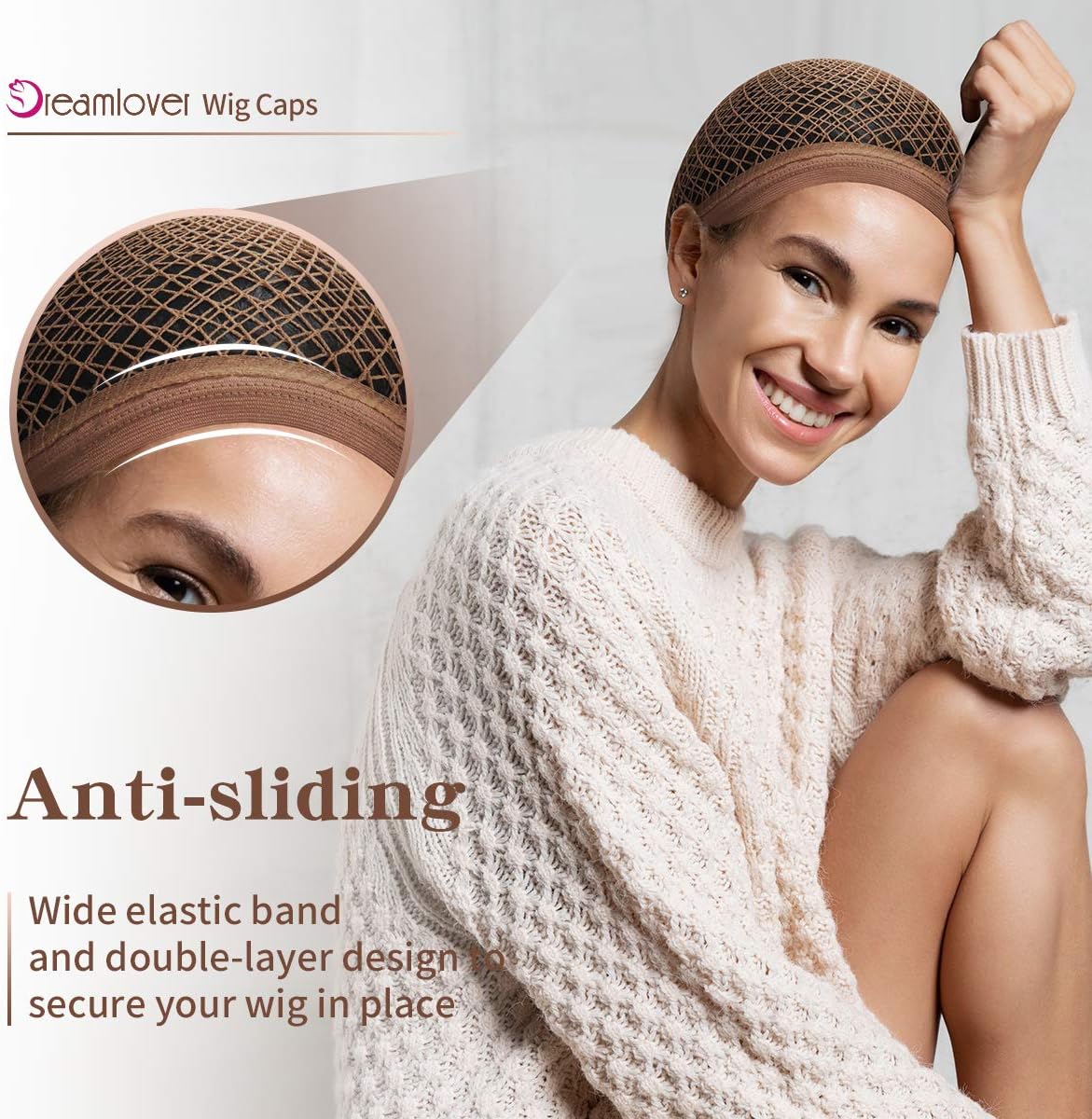 Dreamlover - Bonnet de perruque en maille, long, marron, lot de 2