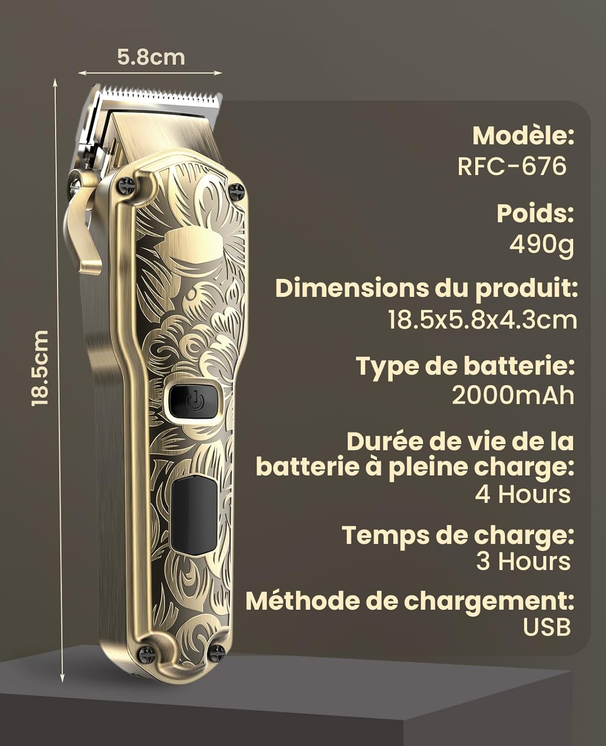 Jack & Rose - tondeuse cheveux/barbe IPX7 - LED - sans fil - Bronze