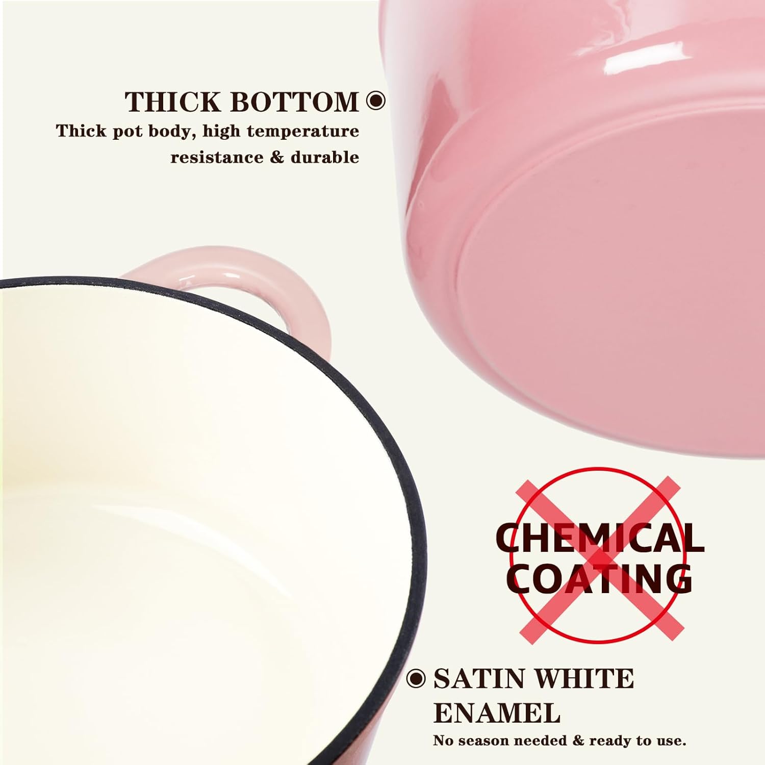 Overmont - Cocotte en fonte émaillée 26 cm - Antiadhésive, couvercle, maniques, rose pastel