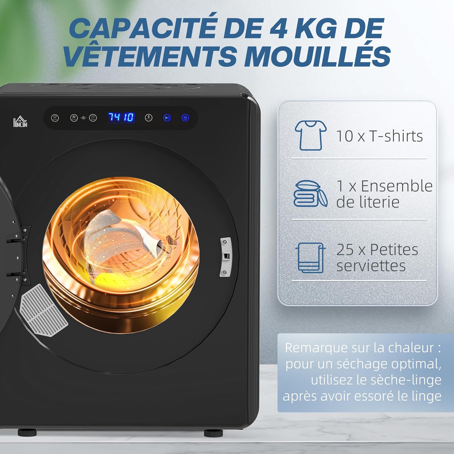 HOMCOM - sèche-linge 3kg compact, 1000W, minuterie, 6 modes, noir