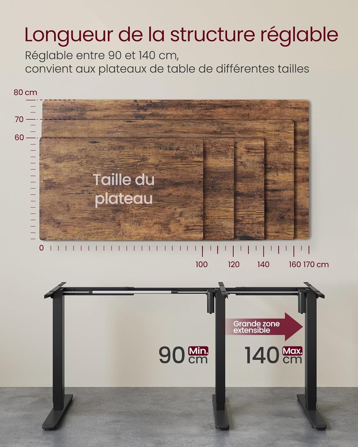 VASAGLE - cadre bureau réglable, acier, 3 mémoires, noir, LSD021B01V2