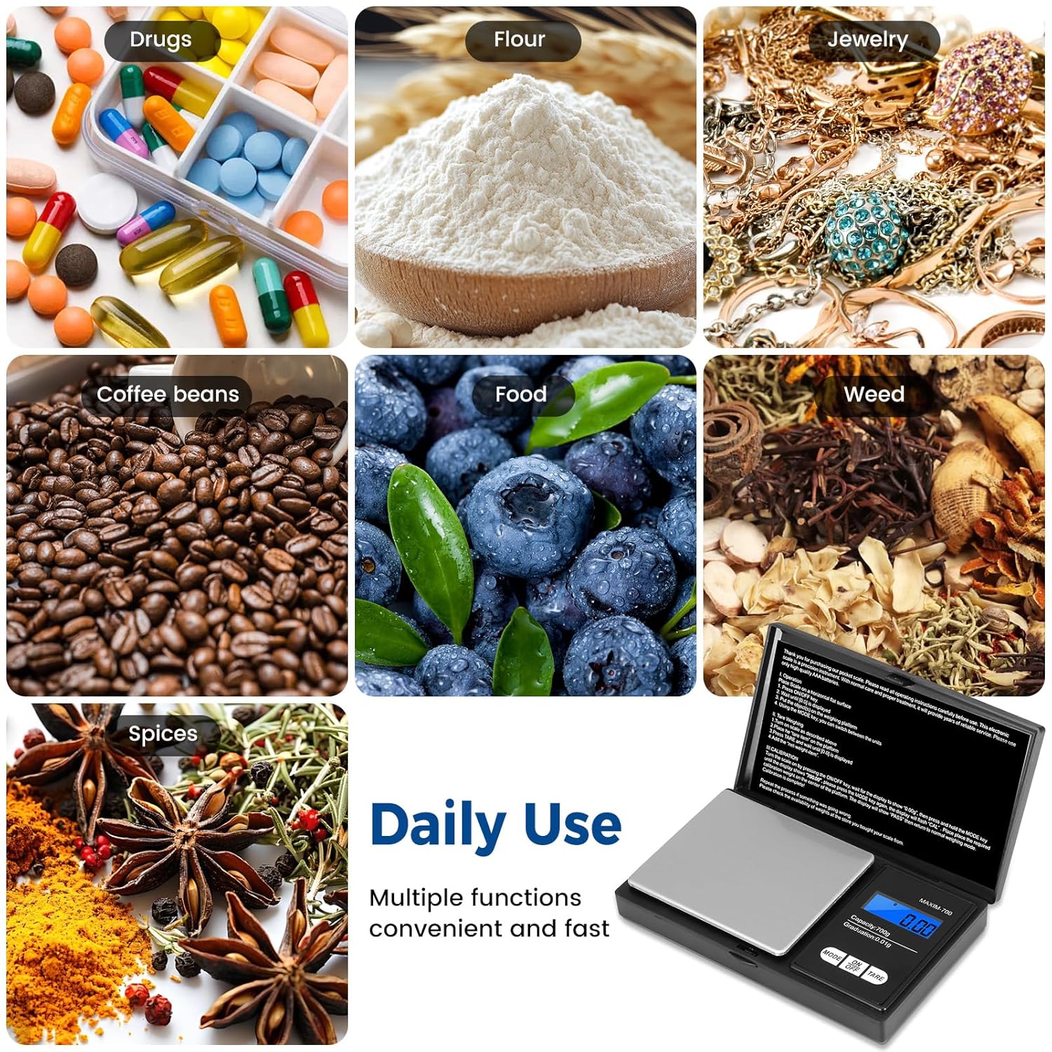 Oderra - Balance de précision portable 700g/0.01g, écran LCD, piles incluses