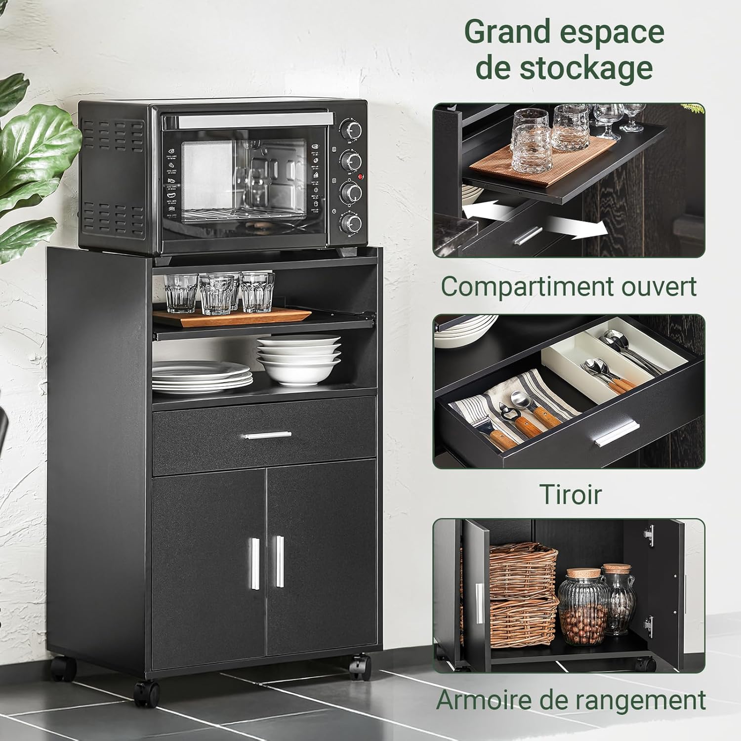 SoBuy - Chariot cuisine extensible, 92x59x40 cm, rangement, FSB09-SCH
