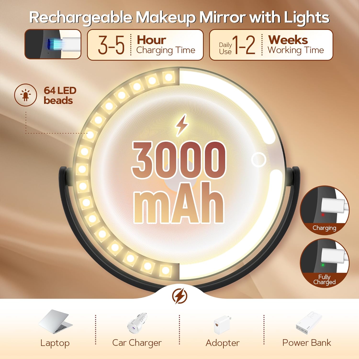 B Beauty Planet – miroir maquillage LED 2 faces, 30X, 3 lumières, hauteur réglable