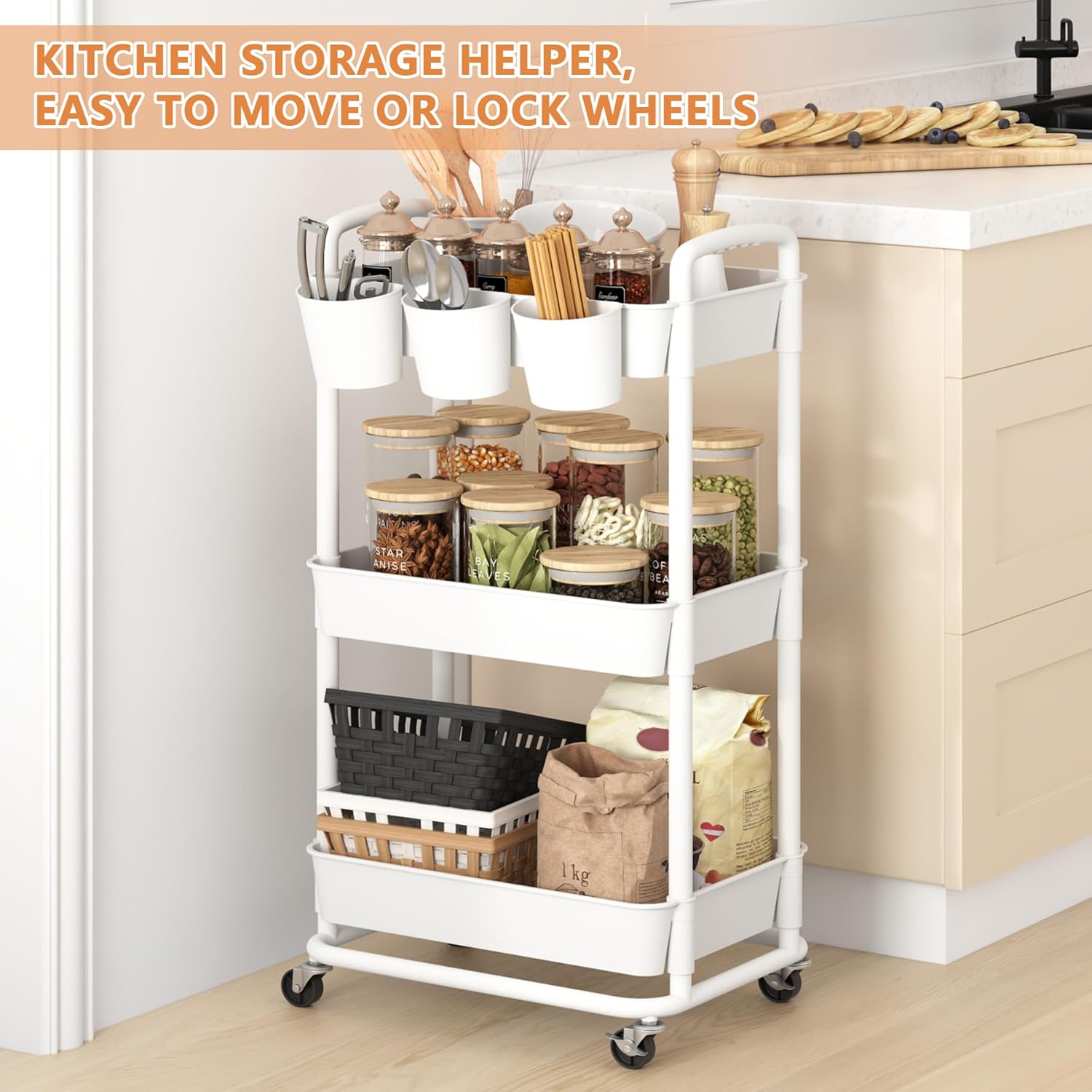 JIUYOTREE - chariot 3 niveaux, roulettes verrouillables, blanc, rangement compact