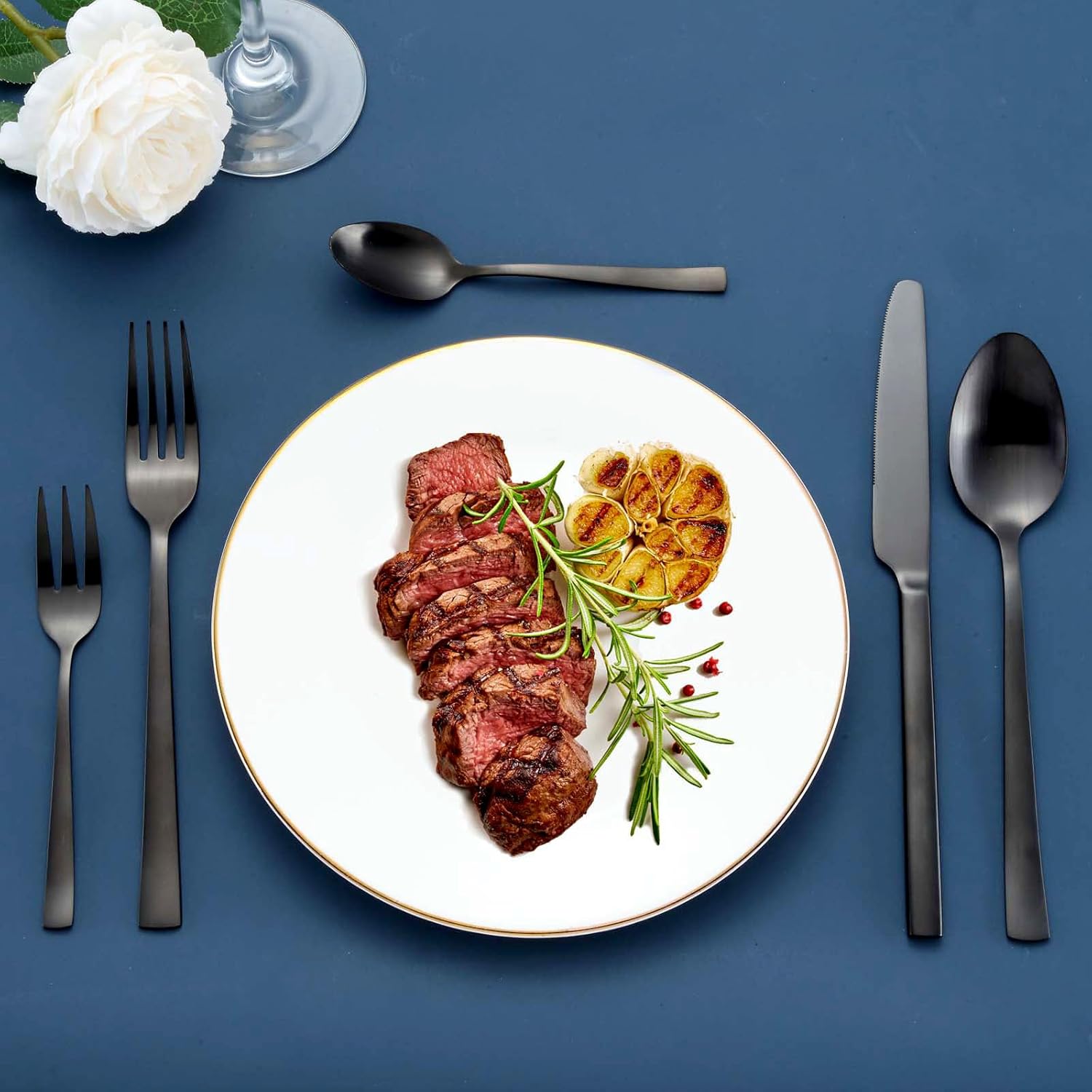 Hunnycook - Couverts 6 personnes - 30 pièces inox noir mat, poli miroir, lavable lave-vaisselle