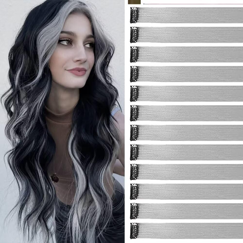 Extension cheveux - 55cm, 12 pièces - gris clair, naturel, résiste chaleur
