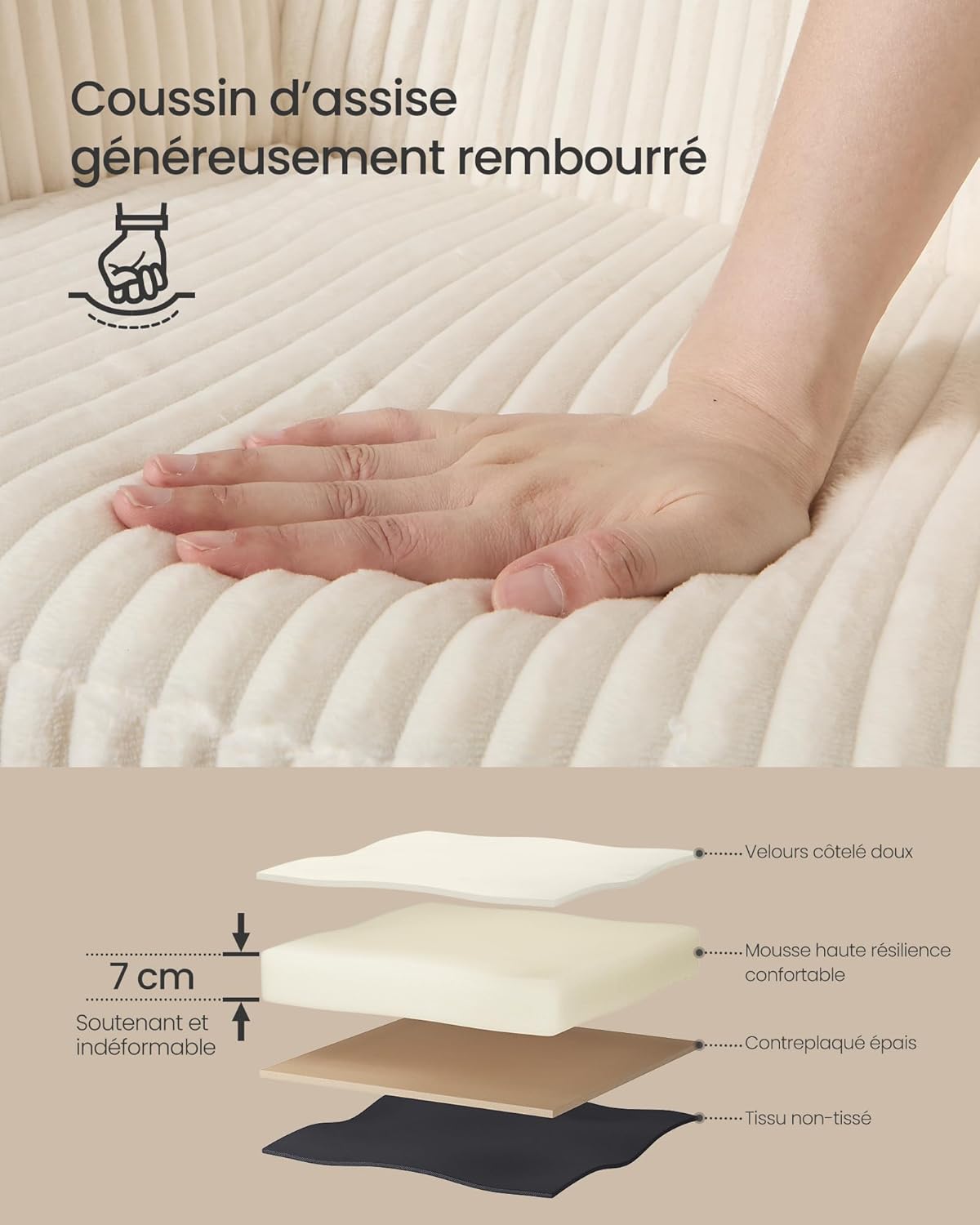 SONGMICS - Chaises salle à manger (lot de 6) - velours, accoudoirs, pieds métal, blanc crème, charge 120 kg - LDC087WD01
