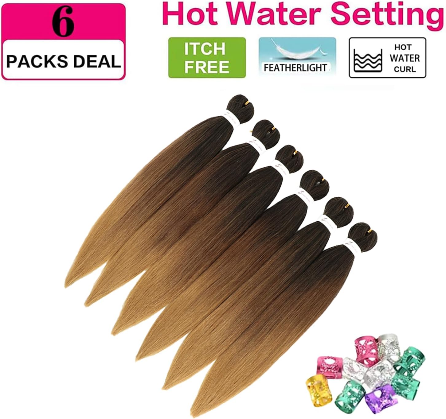 Meches cheveux tressés pré-étirés 20 pouces, ombré noir/brun, 6 paquets, lisse Kanekalon, T1B/30/27#