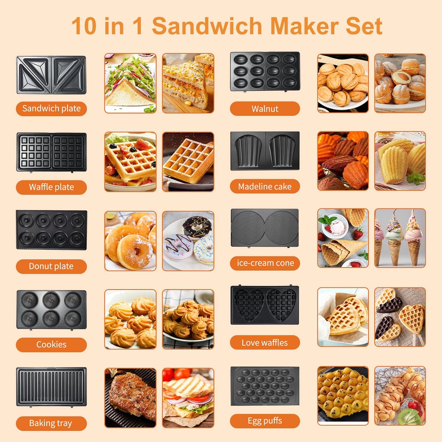 Appareil à Croque Monsieur - 750W, plaques antiadhésives détachables, thermostat automatique, 10 en 1