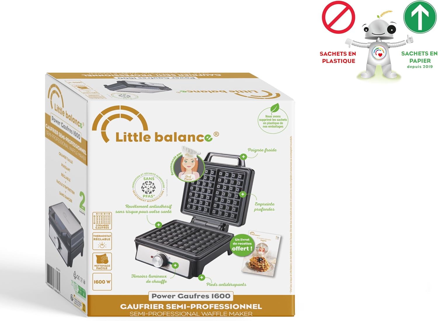 Little Balance - Gaufrier série Power - 1600W, plaques antiadhésives, poignée froide, gaufres liégeoises, 8816