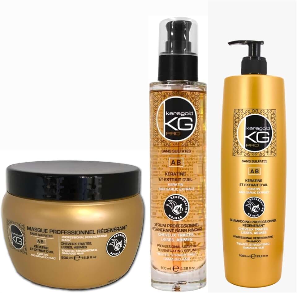 Keragold Pro – Coffret 3 soins capillaires – 1L/500ml/100ml – Kératine, ail, sans sulfates, fortifiant, réparateur, anti