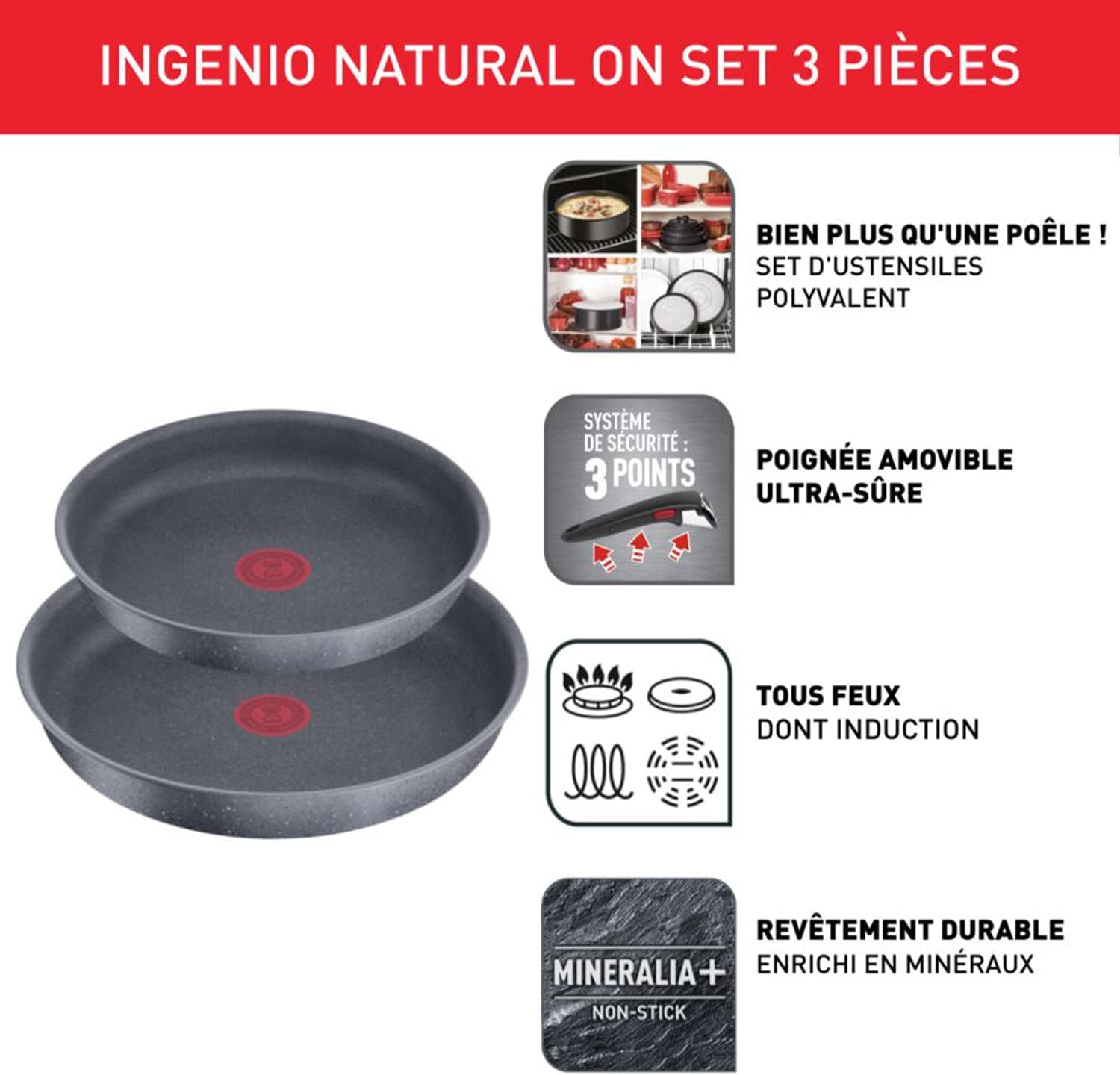 Tefal Ingenio Natural On - 2 poêles + poignée - induction, antiadhésif, empilables, lavable, Fabriqué en France - L76693