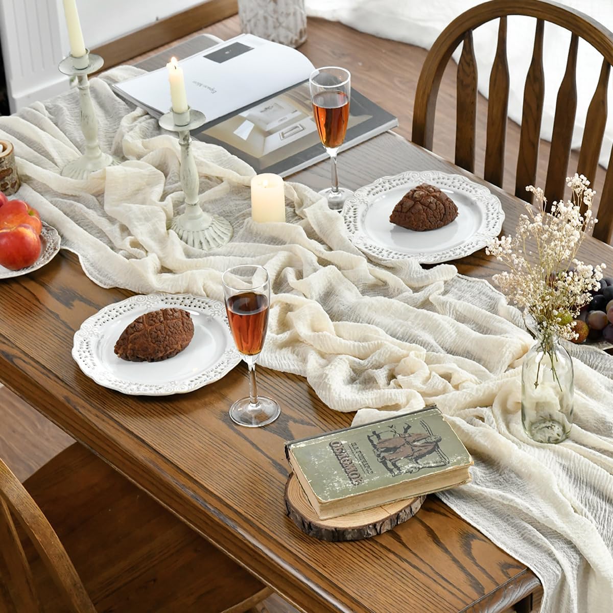 Artoid Mode - Chemin de table Bohême - 300 cm - Gaze mousseline, beige