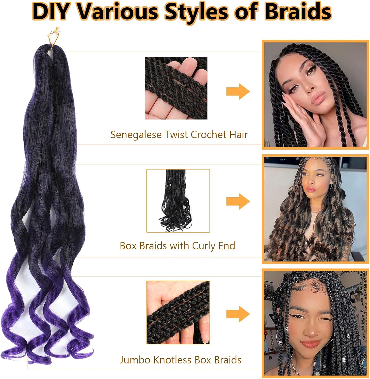 French Curl Braids - rajout cheveux tressés 56cm, 7 paquets, boucle 1B/Purple