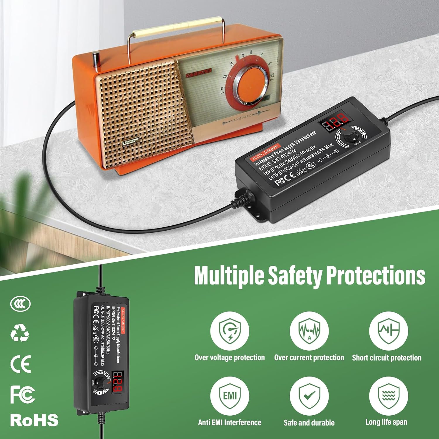 Alimentation universelle - 72W, 24V - 14 embouts, polarité inversée, 3000mA max