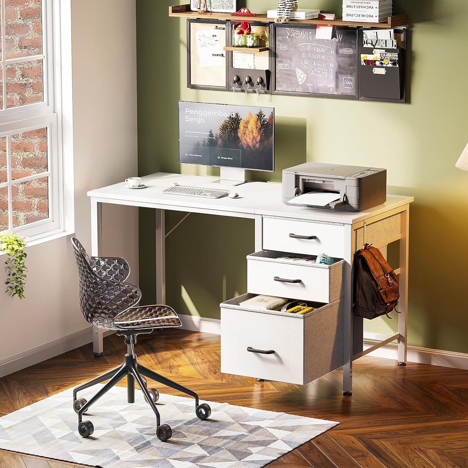 Coleshome - bureau 3 tiroirs tissu, 100x48cm, réversible, porte-casque