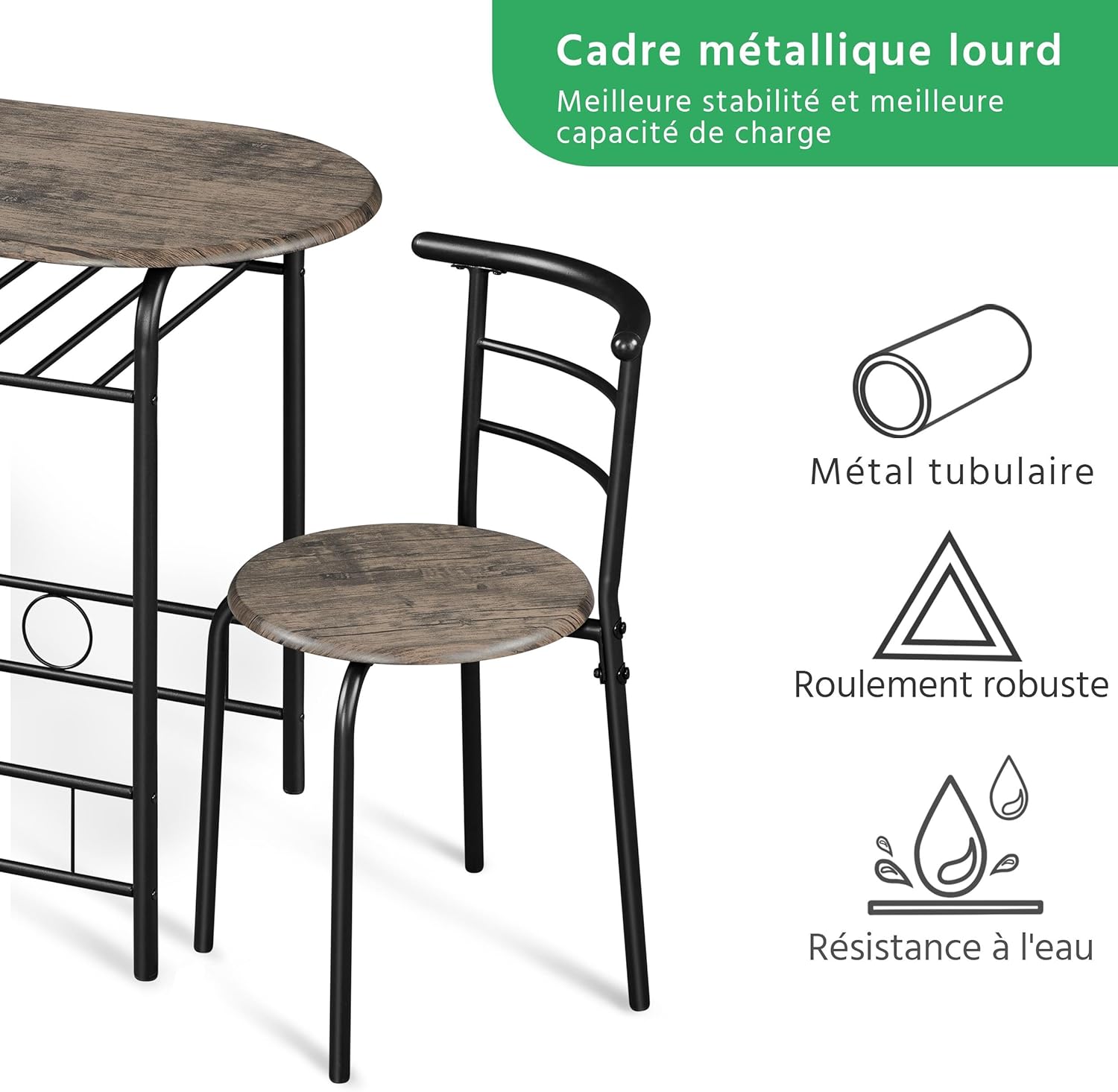 Yaheetech - ensemble table à manger 3 pièces - bois gris/noir - porte-bouteilles, compact