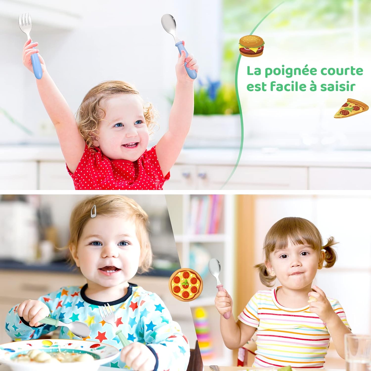 Couverts enfants inox - 8 pièces - poignée ronde, 4 couleurs