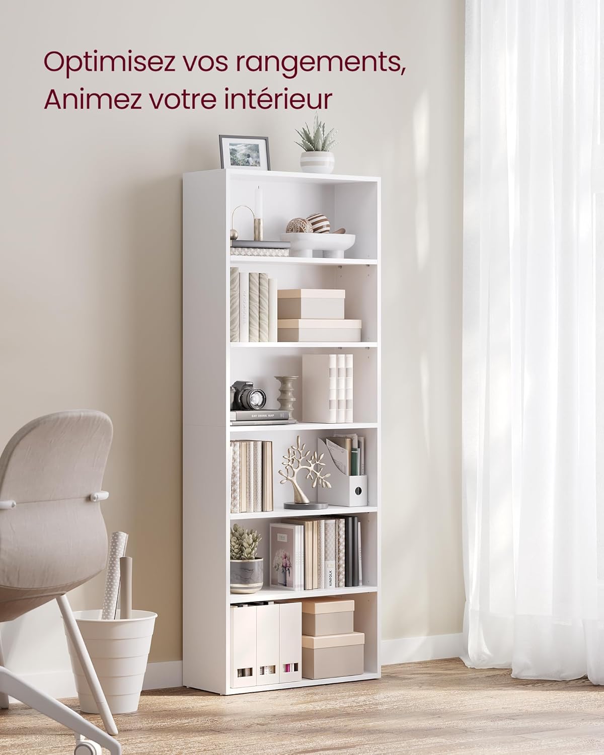 VASAGLE - bibliothèque 6 niveaux - 24x60x160,7 cm - blanc, ouverte, LBC166T14