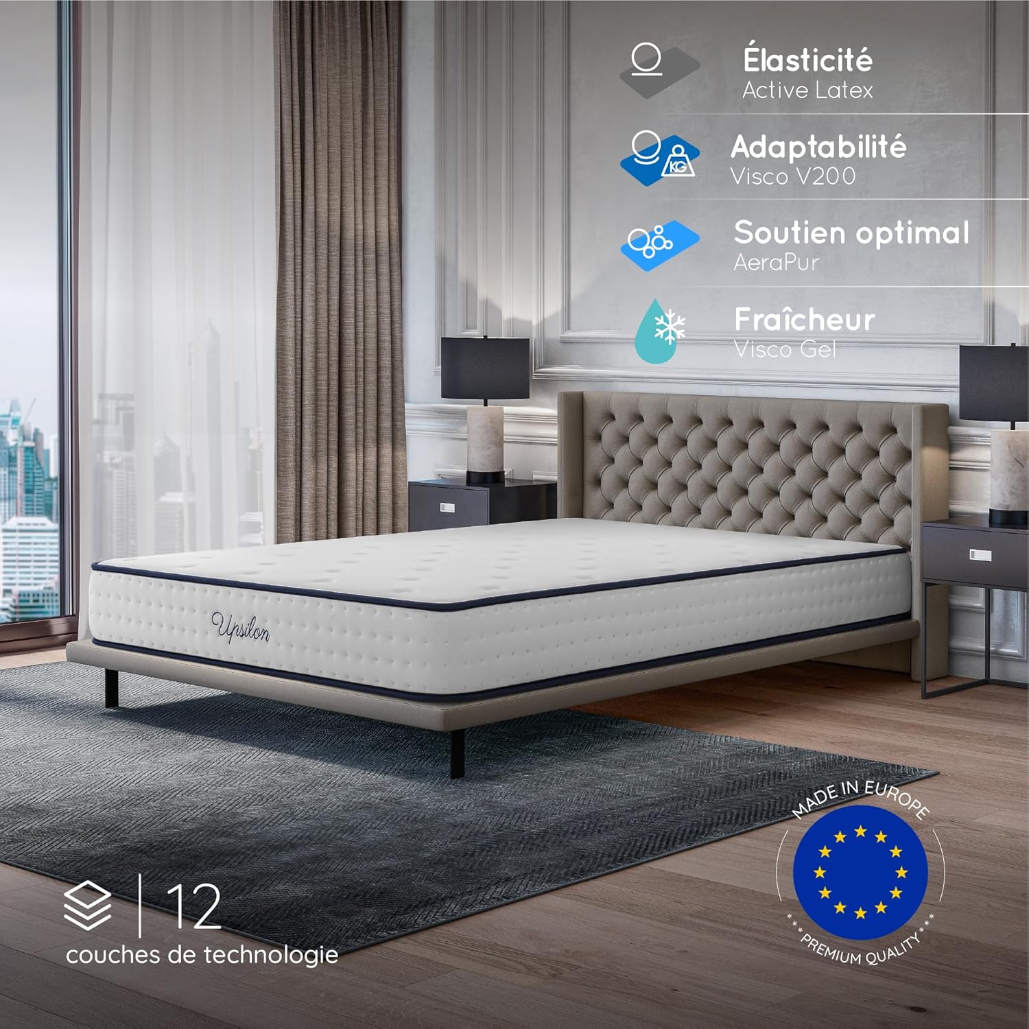 COSMOS - Upsilon - matelas 120x190, mémoire de forme, latex, 24cm, soutien mi-ferme, 7 zones, réversible