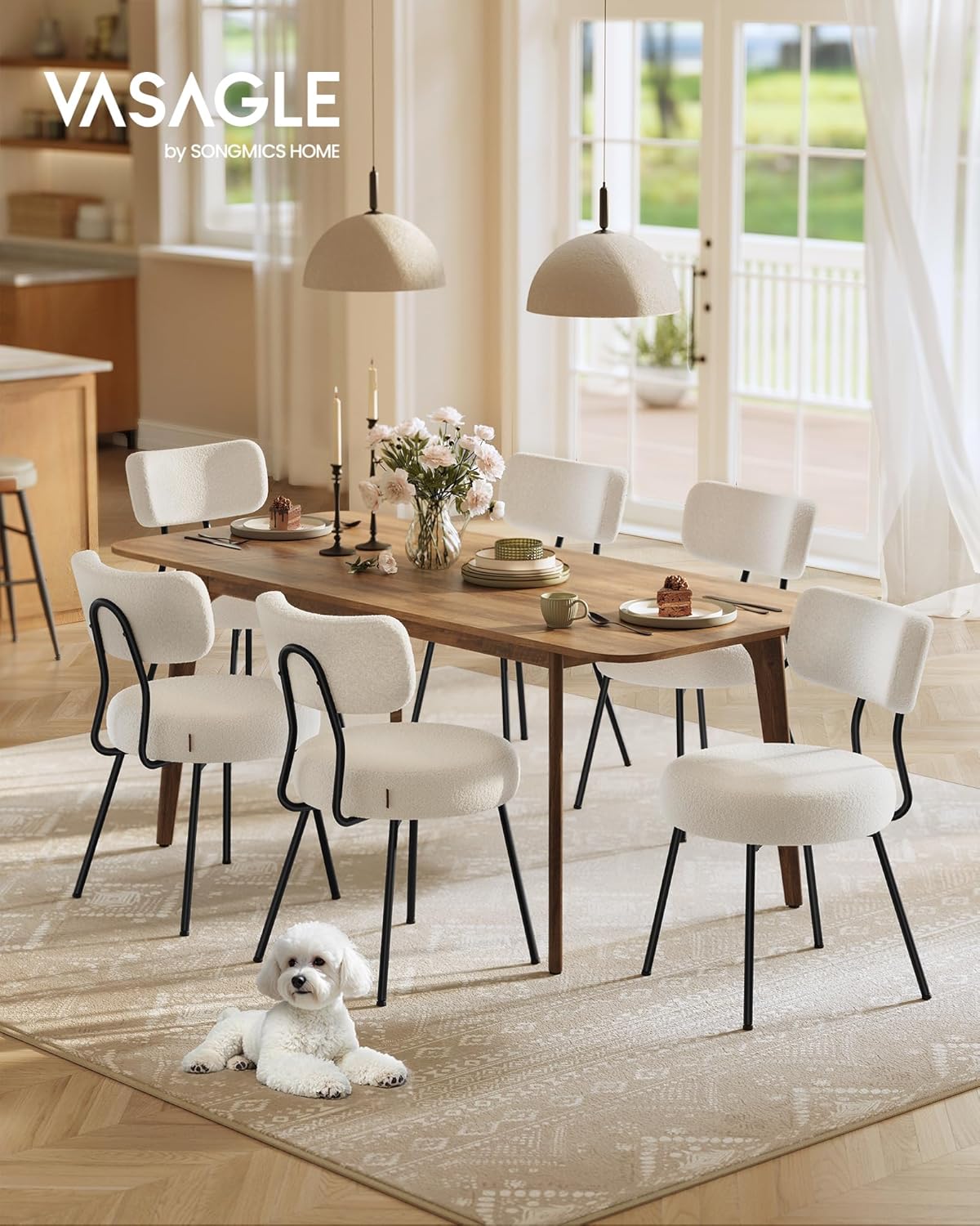 VASAGLE - chaises salle à manger lot de 6, tissu peluche, dossier courbé, cadre acier, blanc crème KDC110W16