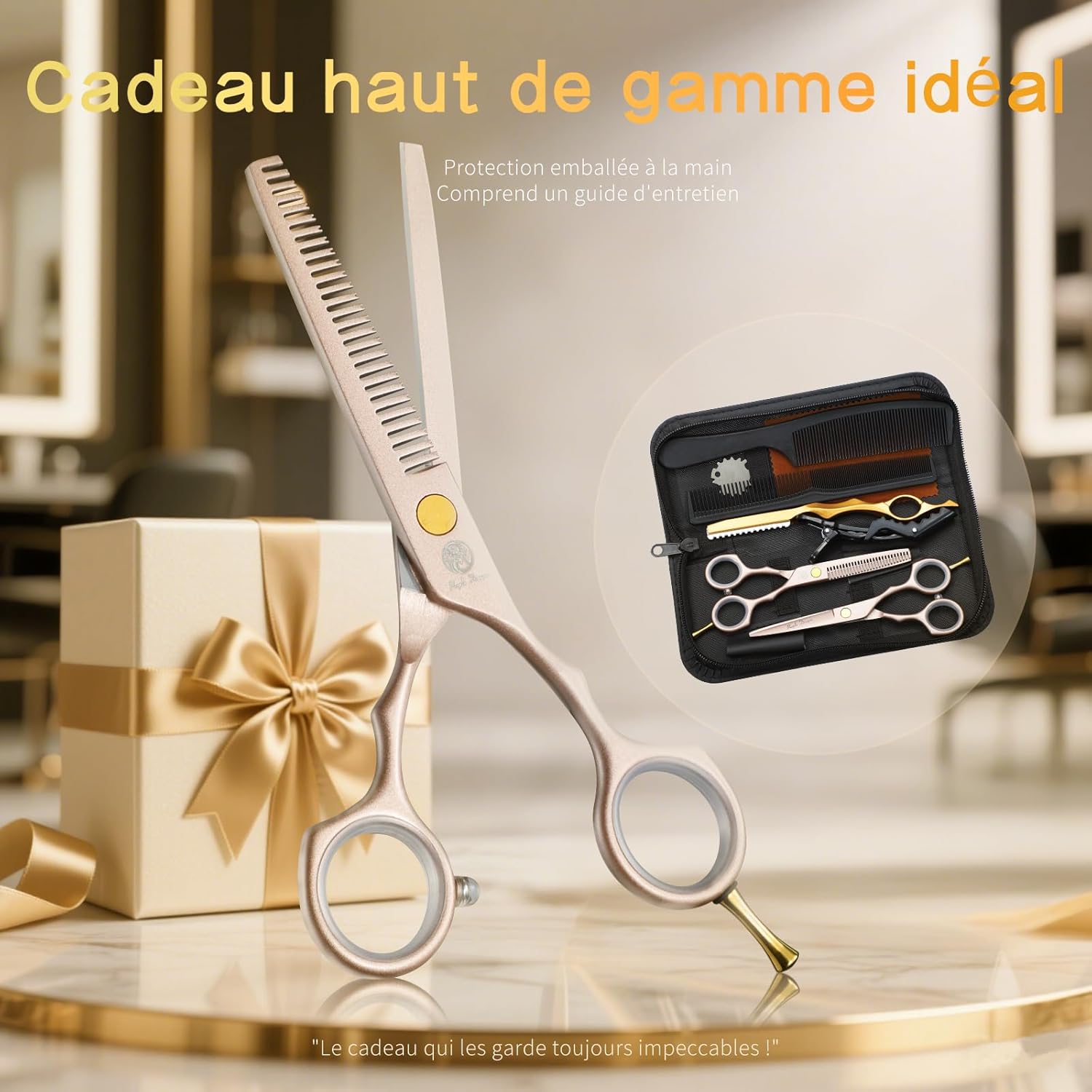Kit de Ciseaux de Coiffure - 5,5 pouces - inox, peigne acier, or rose, pour cheveux, frange, barbe