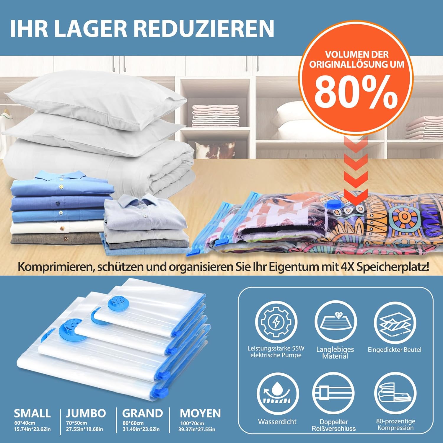 Sacs sous vide vêtements - lot de 15 - grandes tailles, pompe électrique, compression rapide, anti-poussière