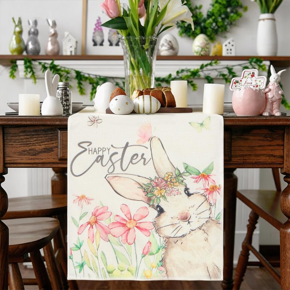 Chemin de Table - motif lapin printemps - 33x180 cm - lavable, déco cuisine salon
