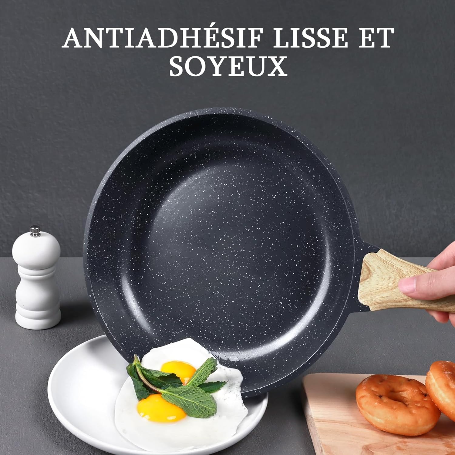 GiPP 3PCS Set de Poêles Antiadhésive en Granit – Poêle à Frire Saine et Non Toxique, Compatible Induction, Sans PFAS ni PFOA, Passe au Lave-Vaisselle, Manche Reste Froid(Gris,24+26+28cm)