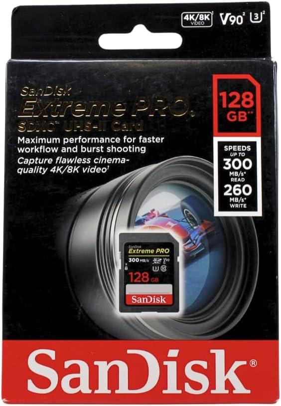 SanDisk - Extreme PRO série - 128 Go - SDXC, V90, UHS-II, 300 Mo/s, 8K, SDXC128GP