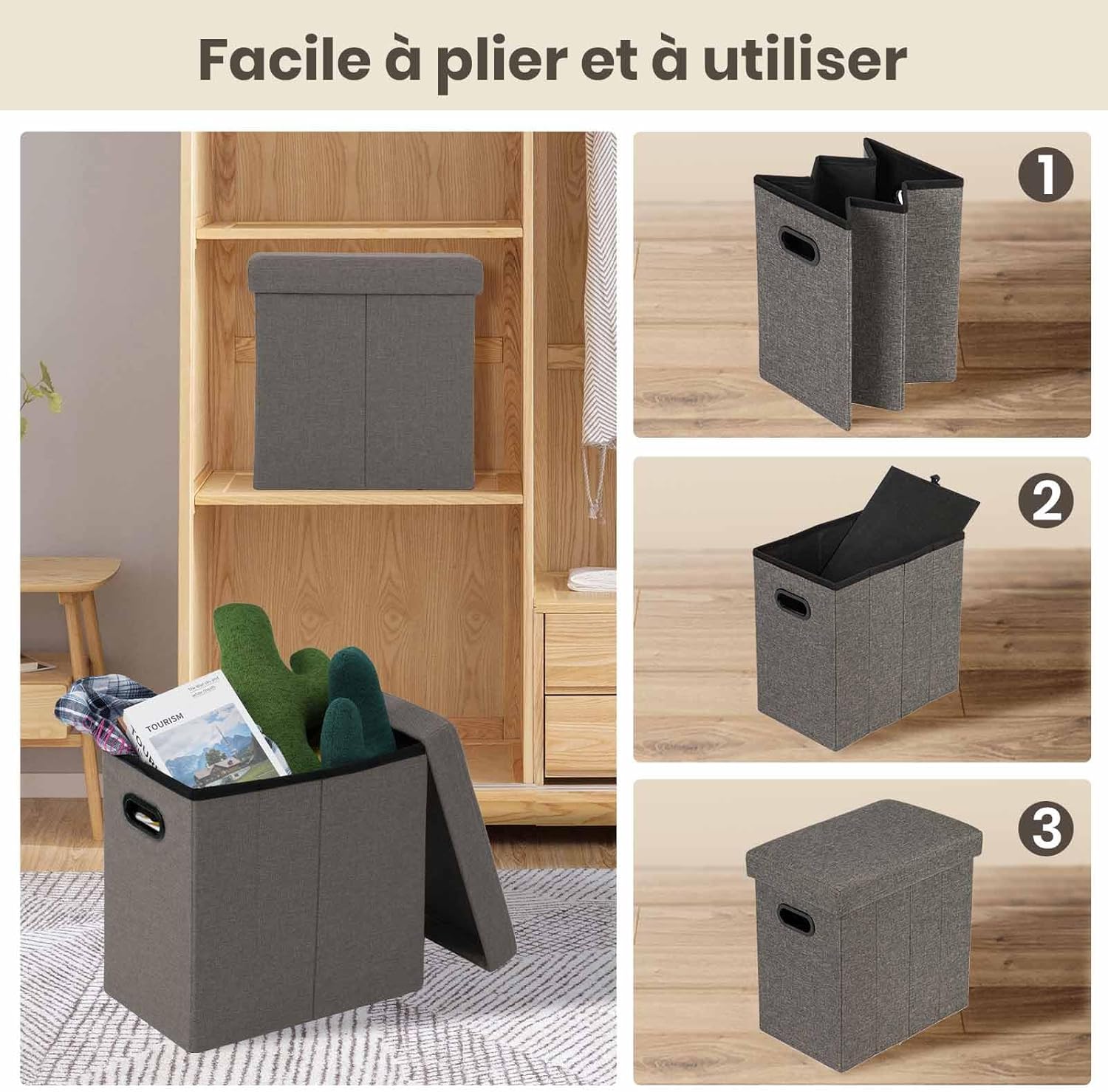 COSYLAND - Ottoman pliable lin - 42x27x42cm - rangement 150kg, gris foncé