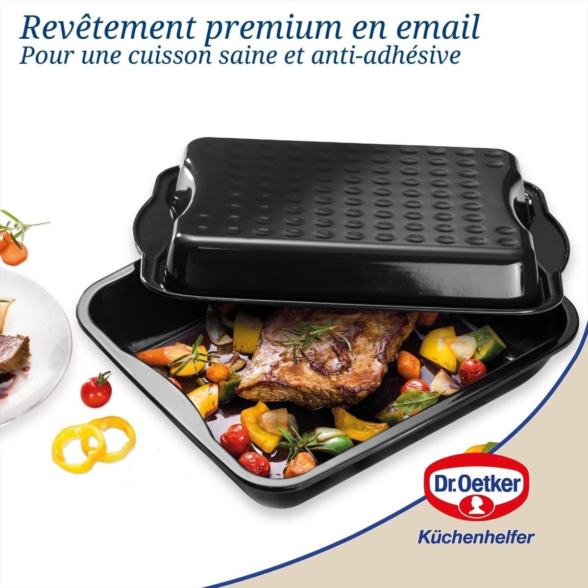 Dr. Oetker - Plat à gratin avec couvercle - 42x34x13 cm - Acier émaillé