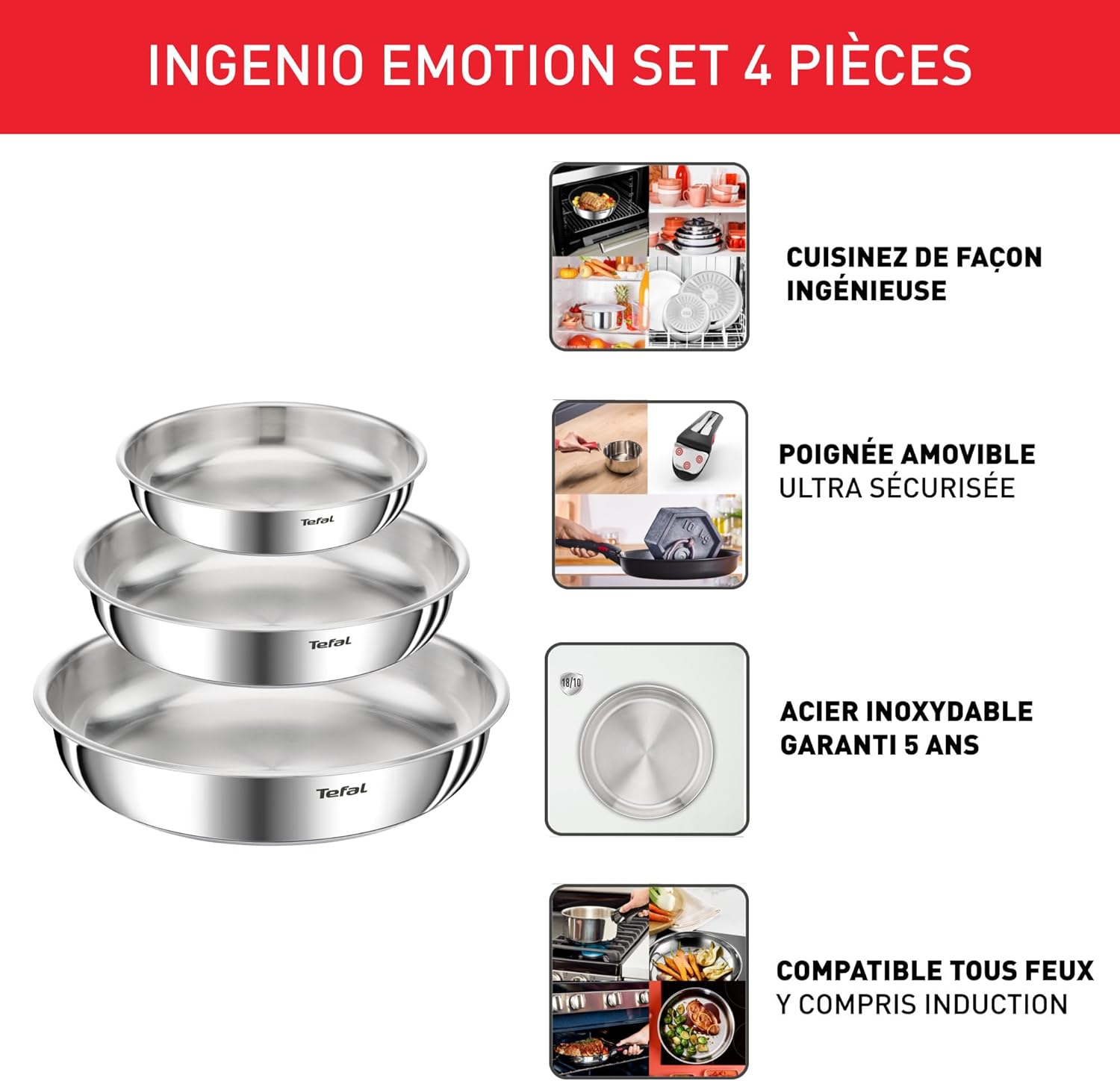 Tefal - Ingenio Emotion - 22/24/28cm - inox, poignée amovible, induction, L8968445