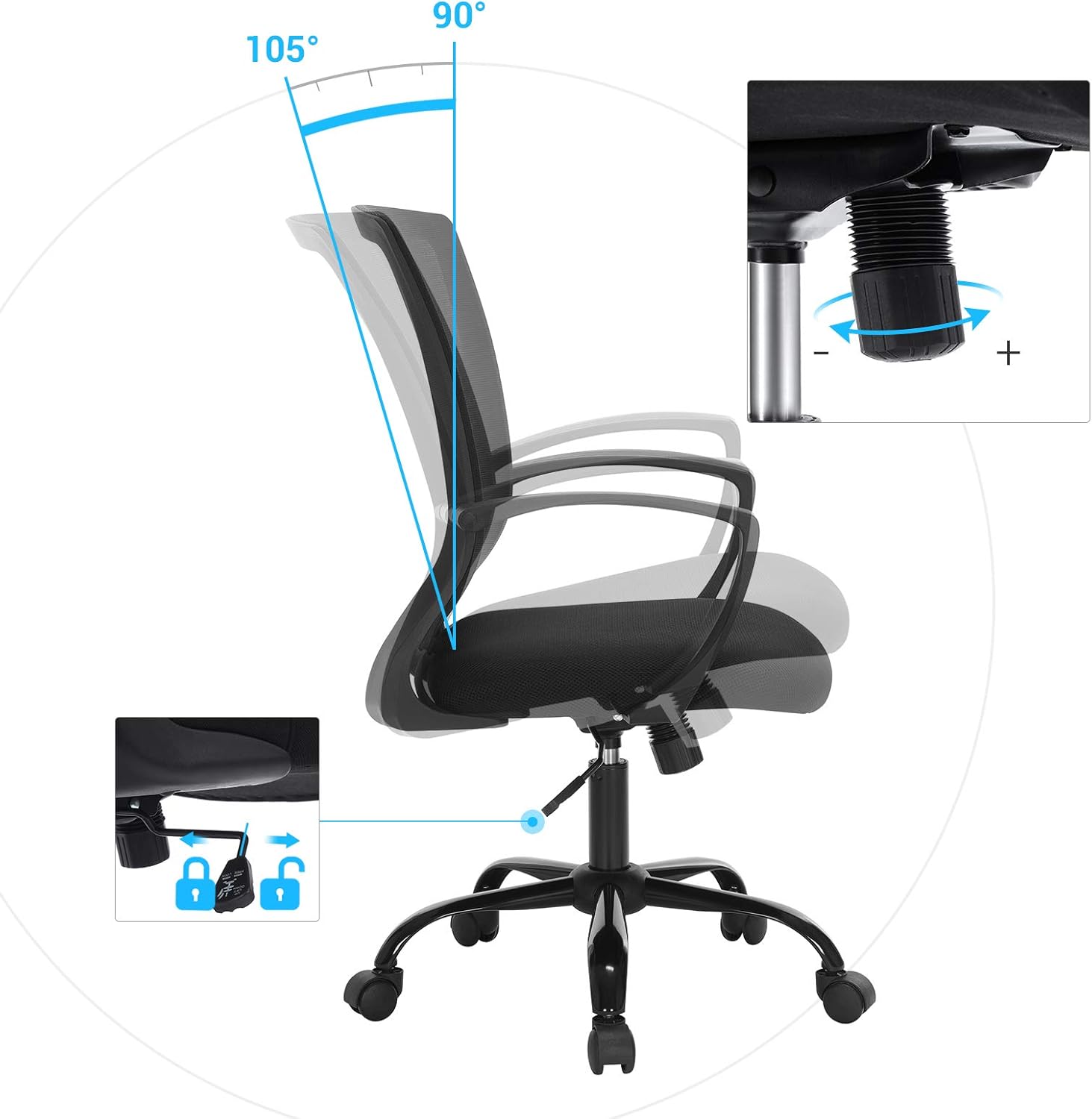 SONGMICS - fauteuil de bureau ergonomique, hauteur réglable, toile respirante, charge max 120 kg, OBN22BK