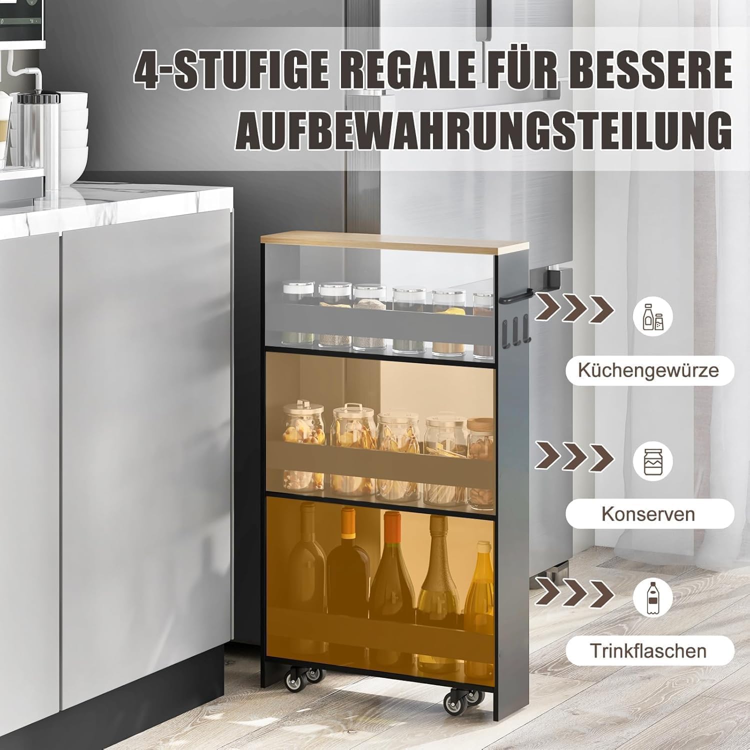 Chariot de rangement 15 cm, 4 niveaux, poignée et crochets, noir/naturel