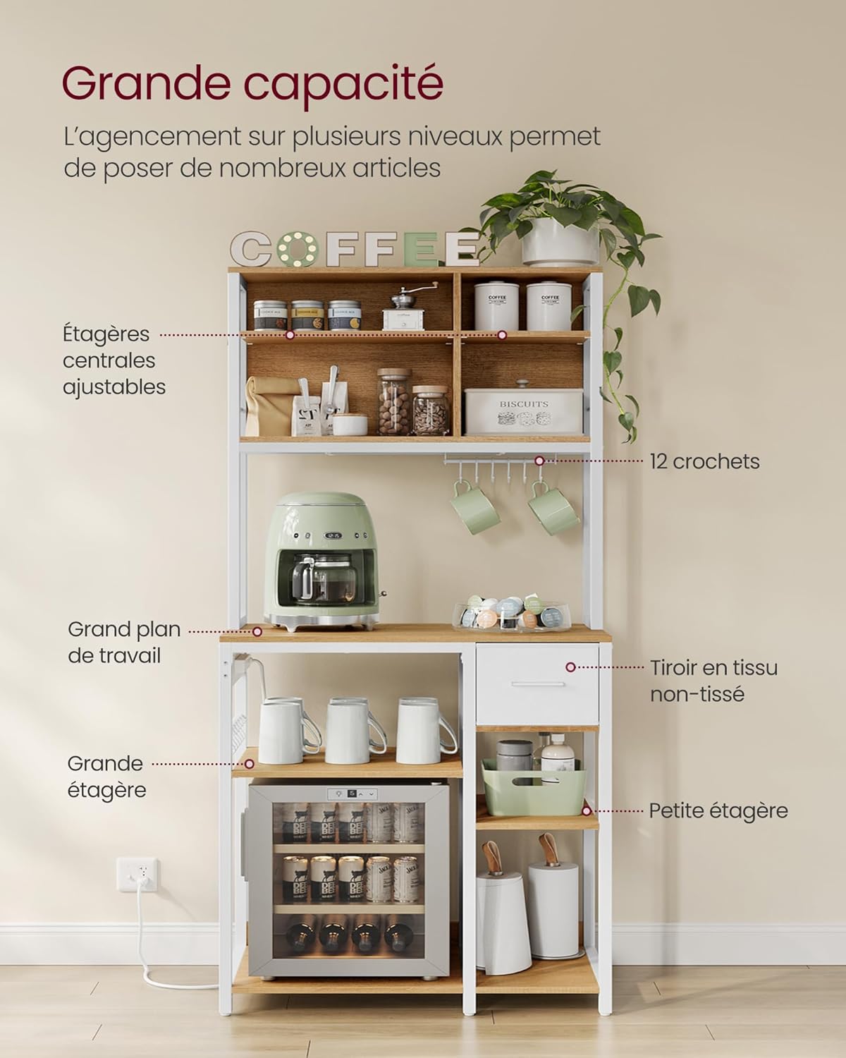 VASAGLE - étagère cuisine/bar café - 40x80x180 cm - multiprise, tiroir tissu, 12 crochets, étagères réglables KKS015Y02