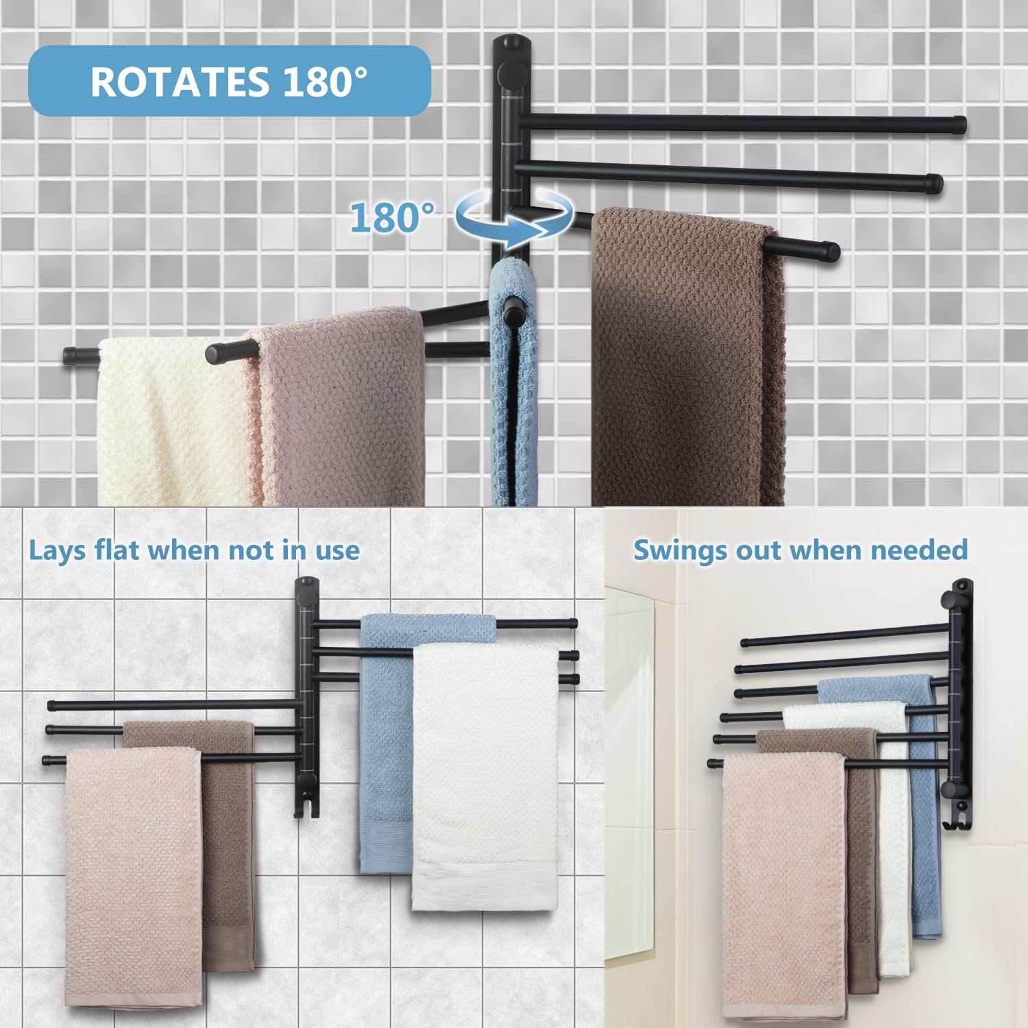 JSVER - porte-serviette 6 barres, 180° rotatif inox SUS304, mural, noir